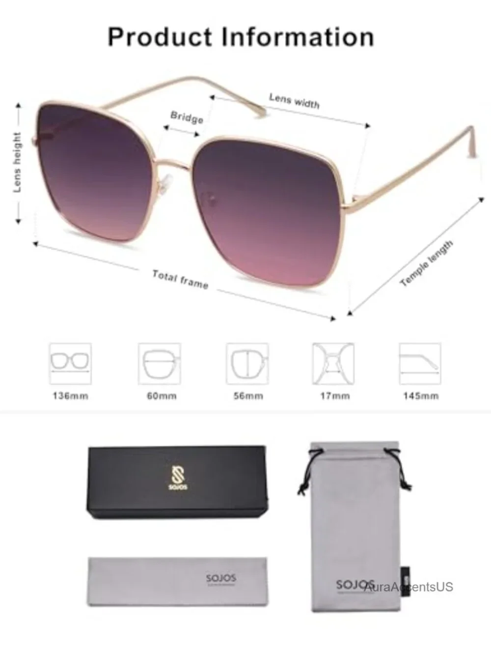 Oversized Square Metal Frame Sunglasses UV400 Full Frame Unisex Adult